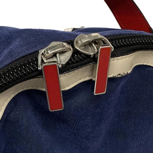 Auth CHRISTIAN LOUBOUTIN Buckle Ruby Navy Cream Red Velour Leather Backpack - Picture 14 of 16